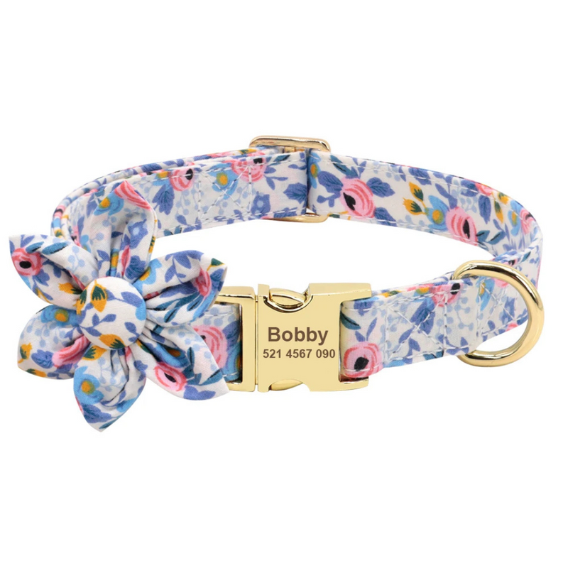 Coleira Colar de Identificação Personalizável com Laço Flor