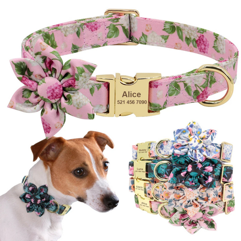 Coleira Colar de Identificação Personalizável com Laço Flor