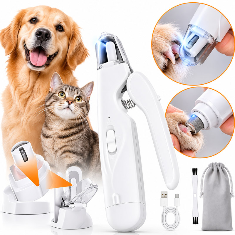 Cortador de Unhas Elétrico 2 em 1 para Cães e Gatos com Lixadeira, Luz LED Dupla e Coletor de Resíduos