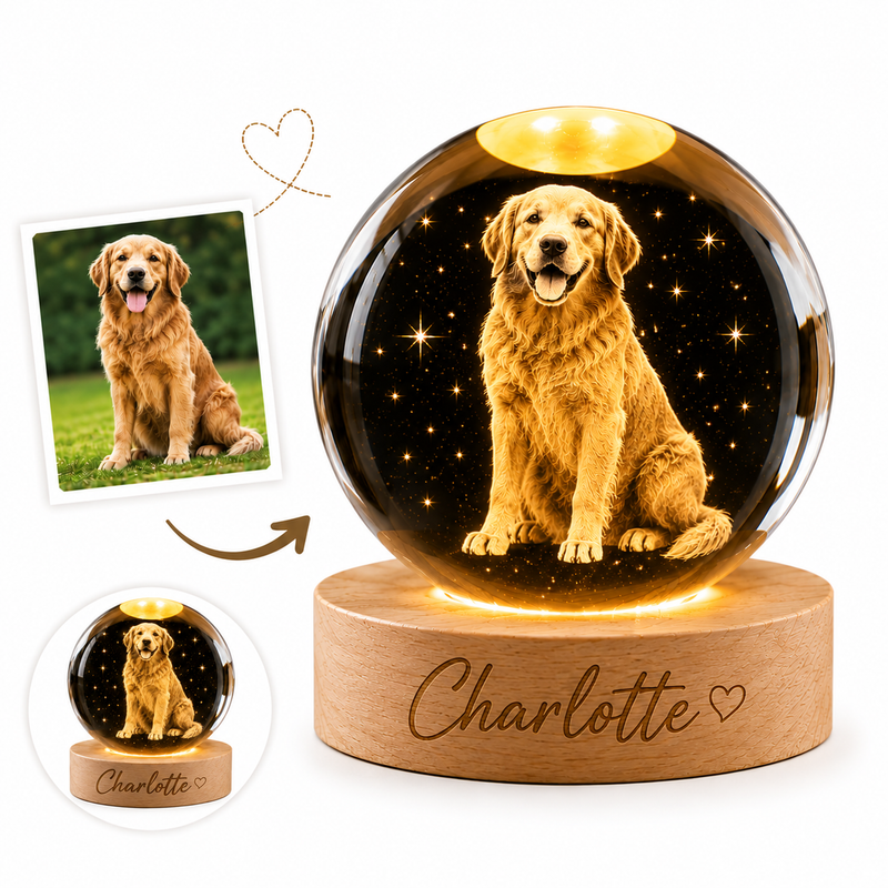 Luminária Cristal 3D Personalizada com Foto do Pet – LED Base de Madeira