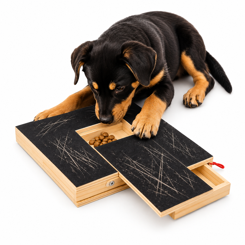 Arranhador de Madeira para Cães com Caixa de Petiscos Integrada, Almofada para Aparar Unhas, Design Retrátil e Superfície de Lixa Brinquedo para Arranhar